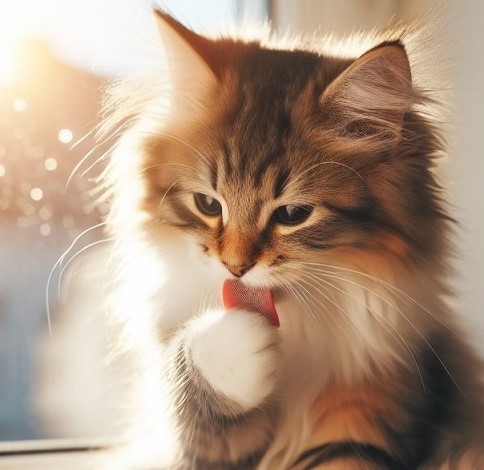 자신의 털을 관리하고 있는 고양이 사진