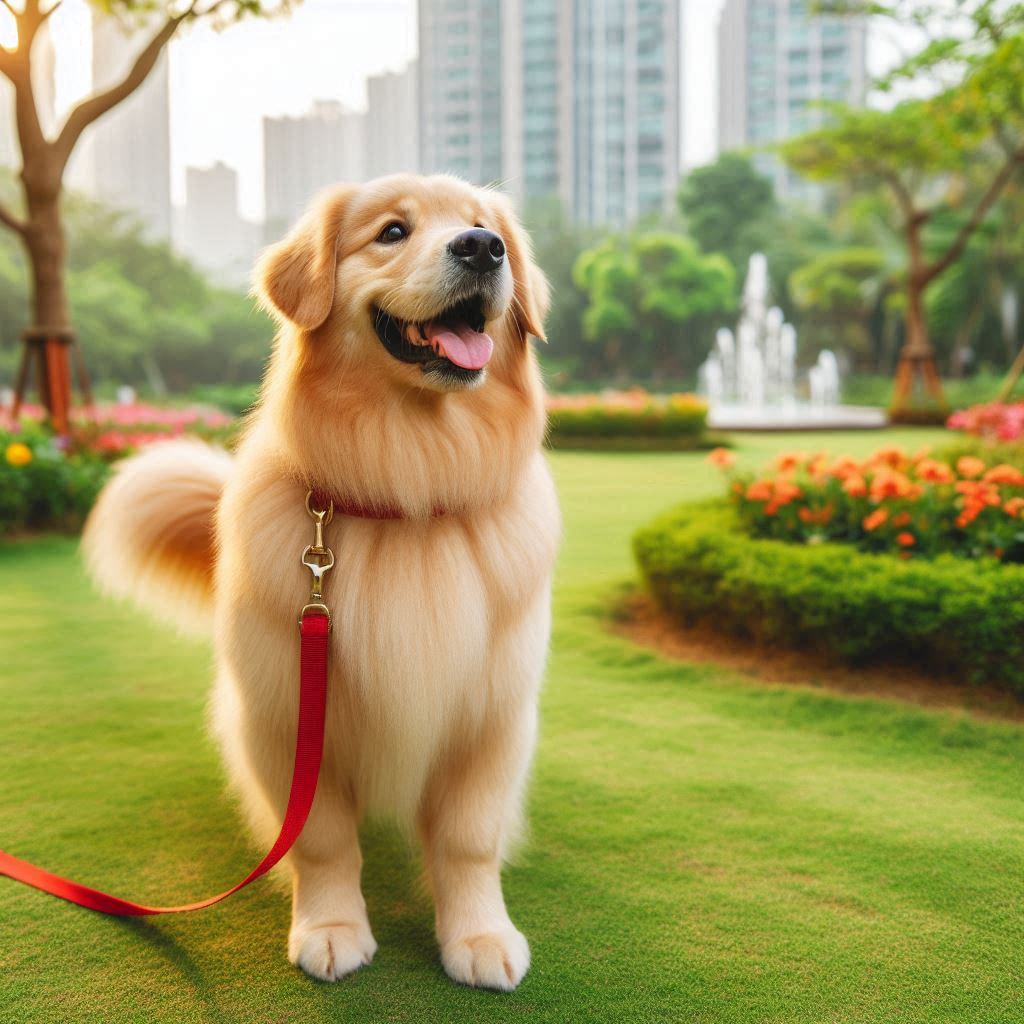 산책하고 있는 행복한 강아지 사진