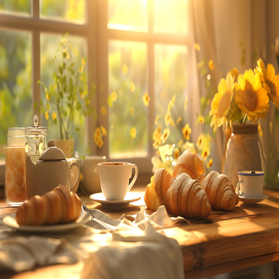 창가에 아침식사로 빵과 커피가 놓여져있는 사진